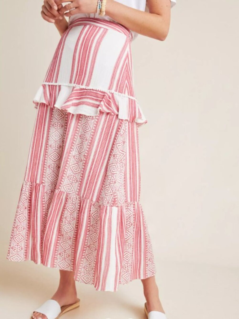 Pixie Tiered Maxi Skirt Sz 4 Cotton Side Zipper Ruffle Red & White Indian Print